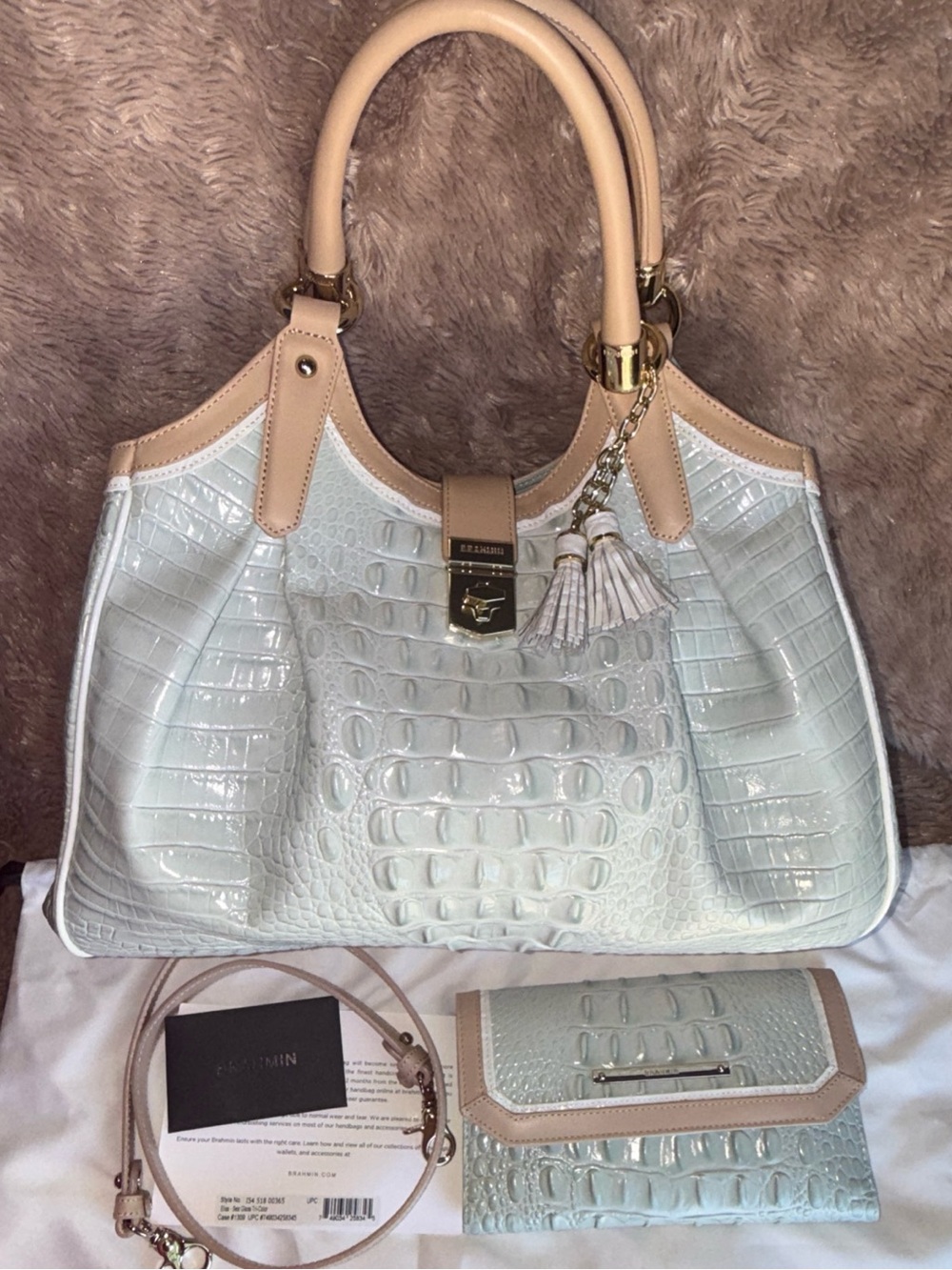 NWOT Brahmin Elisa Sea Glass Tri-color Satchel + matching checkbook wallet
